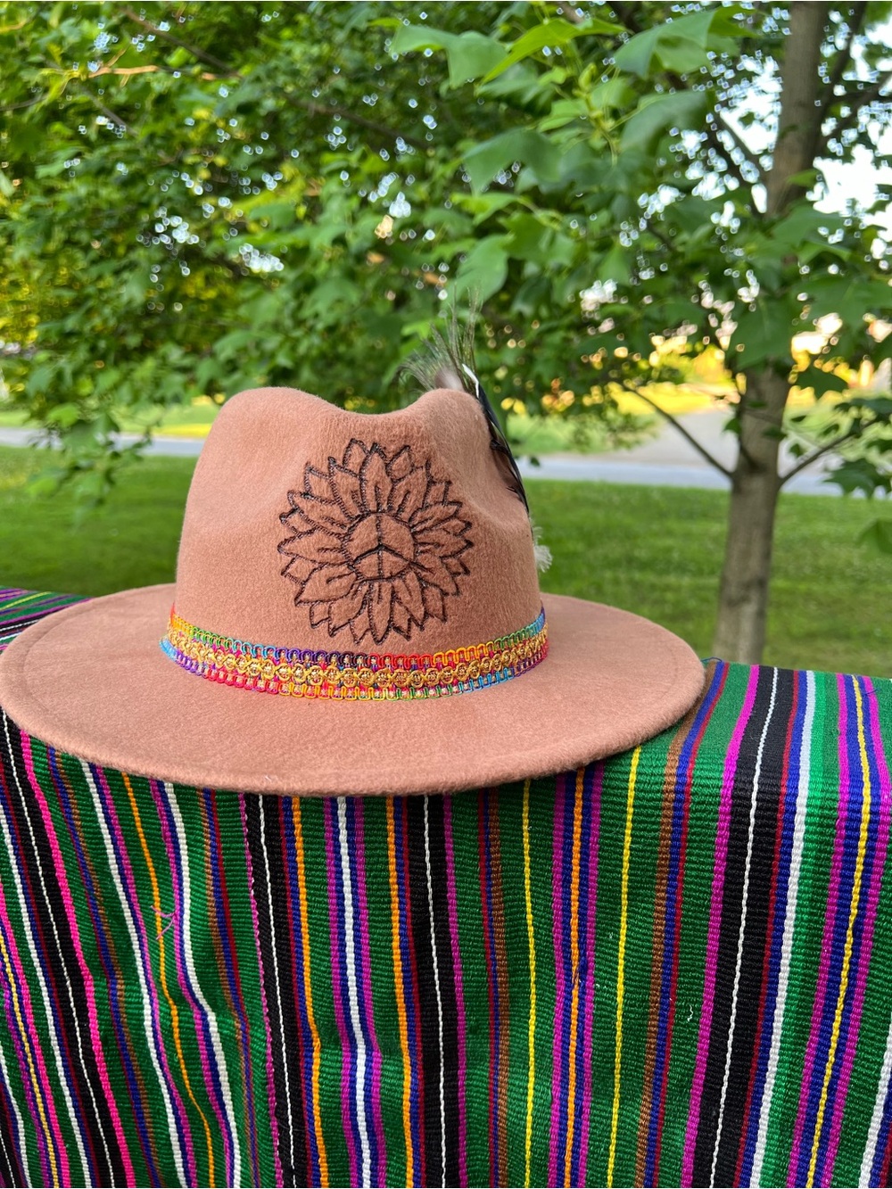 HAND BURNED BROWN FELT RANCHER HAT with FEATHER TRIM - Picture 13 of 13